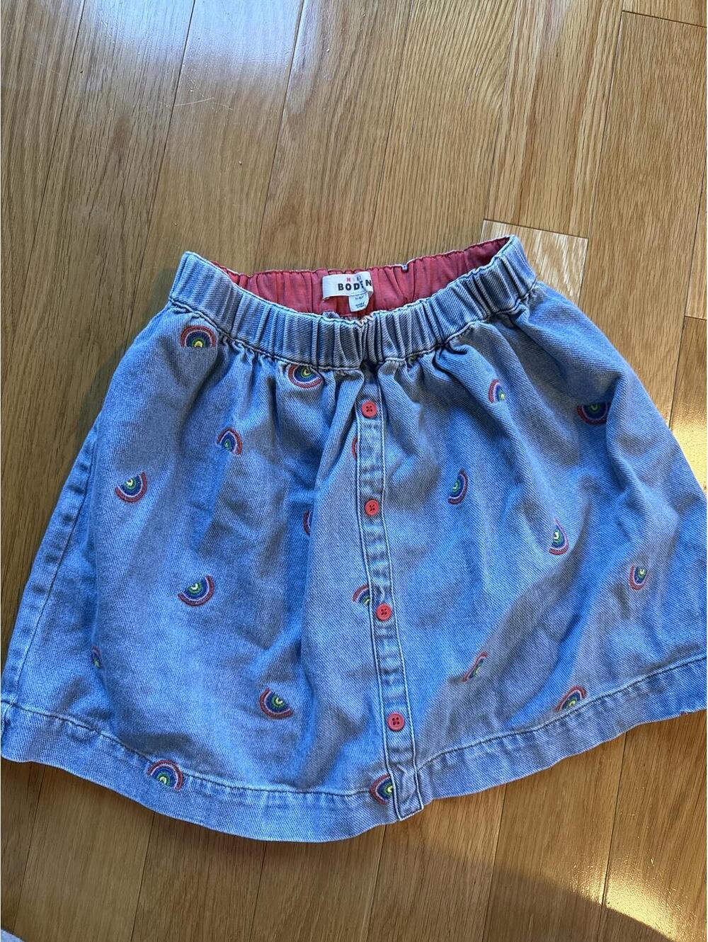 Mini Boden Girls Denim Skirt with Rainbow Embroidery and Button Front